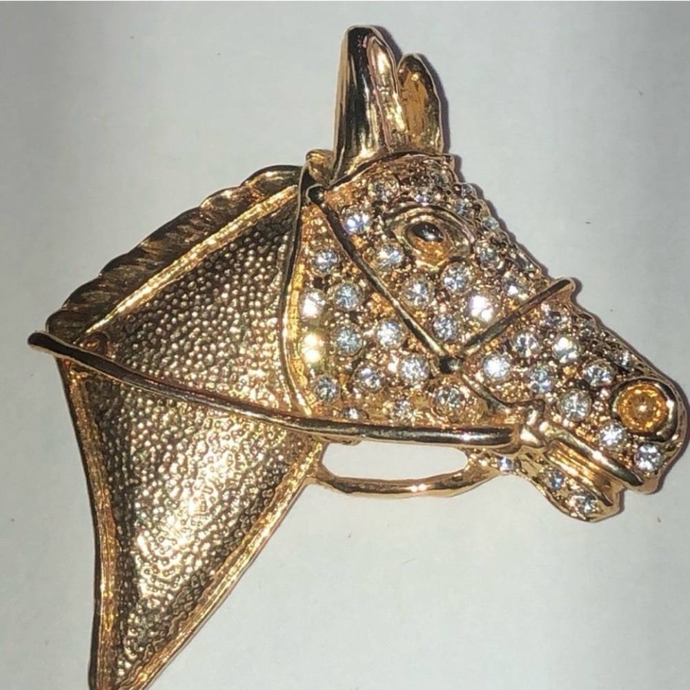 Vintage Gold Tone Rhinestone Horse Head Brooch – Western Equestrian Pin